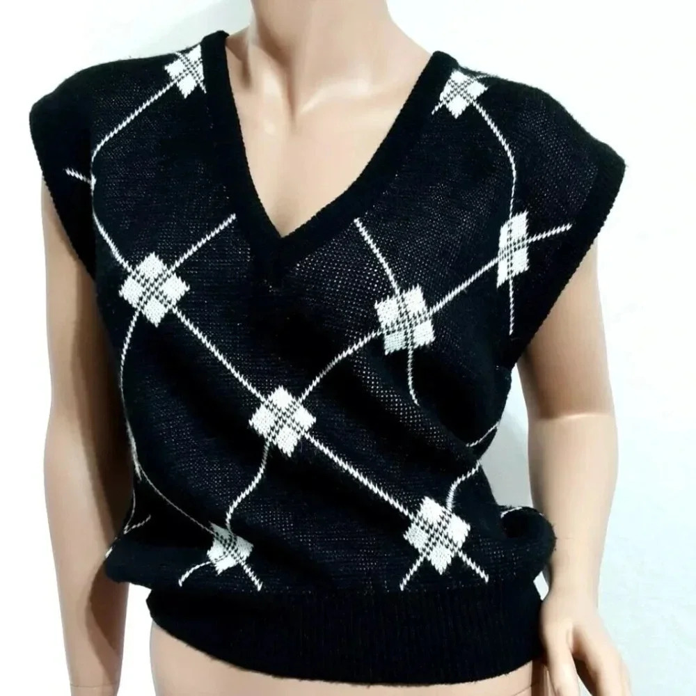 Loubella Vintage 80's Knit Vest Women Size L Diamonds pattern Black White